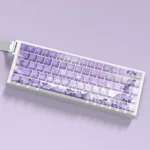 A collection of mysterious elegance purple rose PBT side-lit keycaps set, showcasing intricate rose details and captivating shine-through legends from various angles.