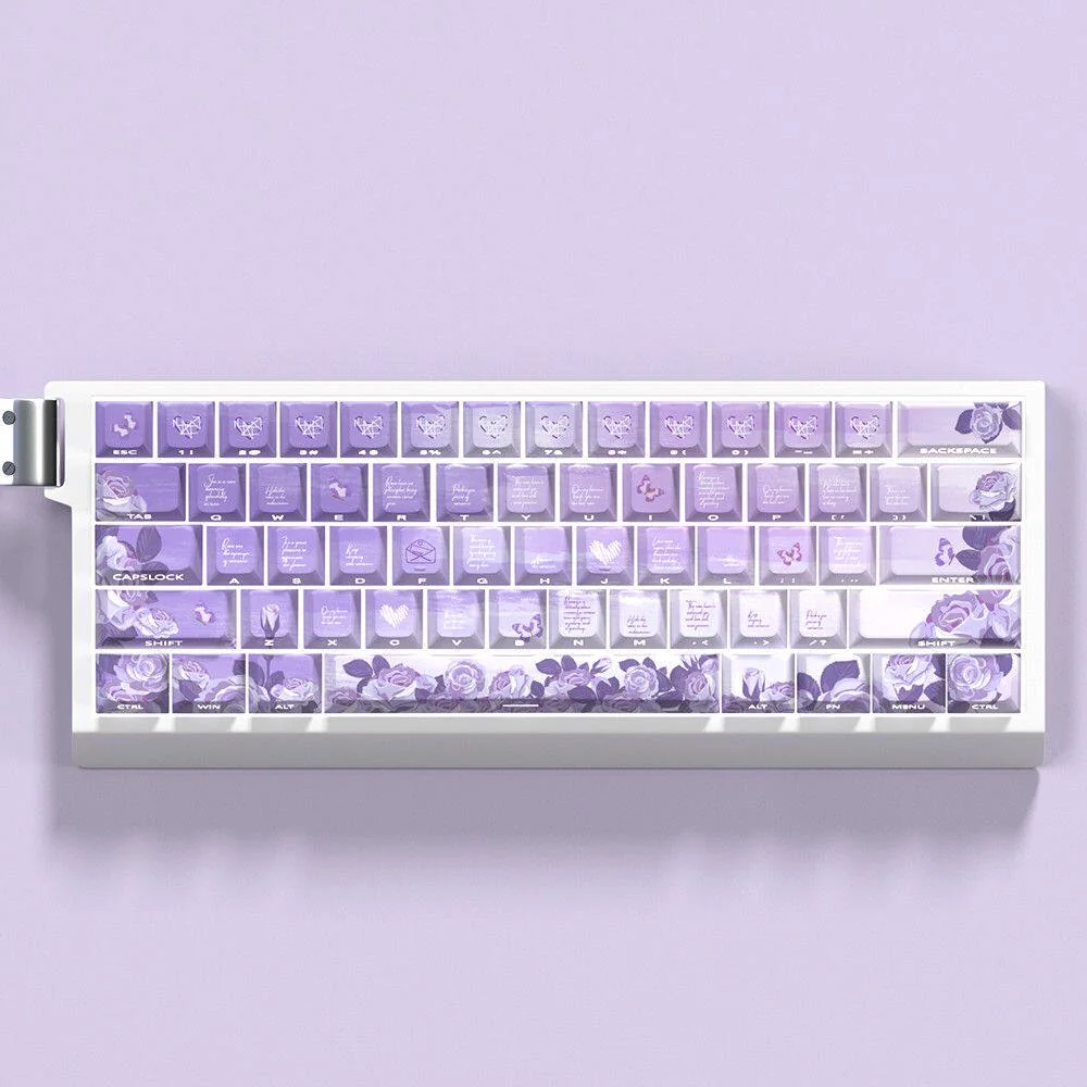 Mysterious Elegance Purple Rose Keycaps Set. Unique PBT side-lit shine-through design showcases deep purple roses glowing subtly for a captivating, artistic design.
