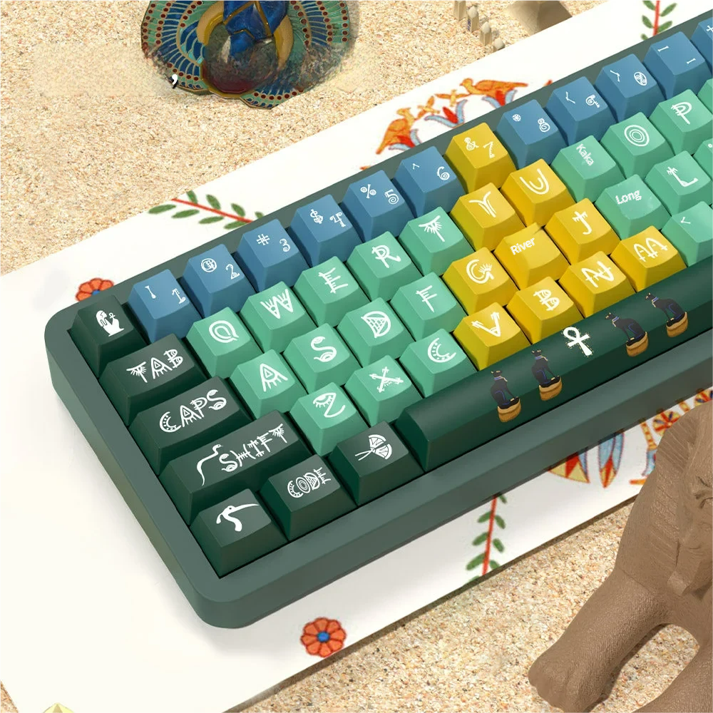 Pyramid Pharaoh PBT Dye-Sub Keycaps Set. Ancient Egyptian hieroglyphs and desert tones are shown from various angles for a mechanical keyboard.