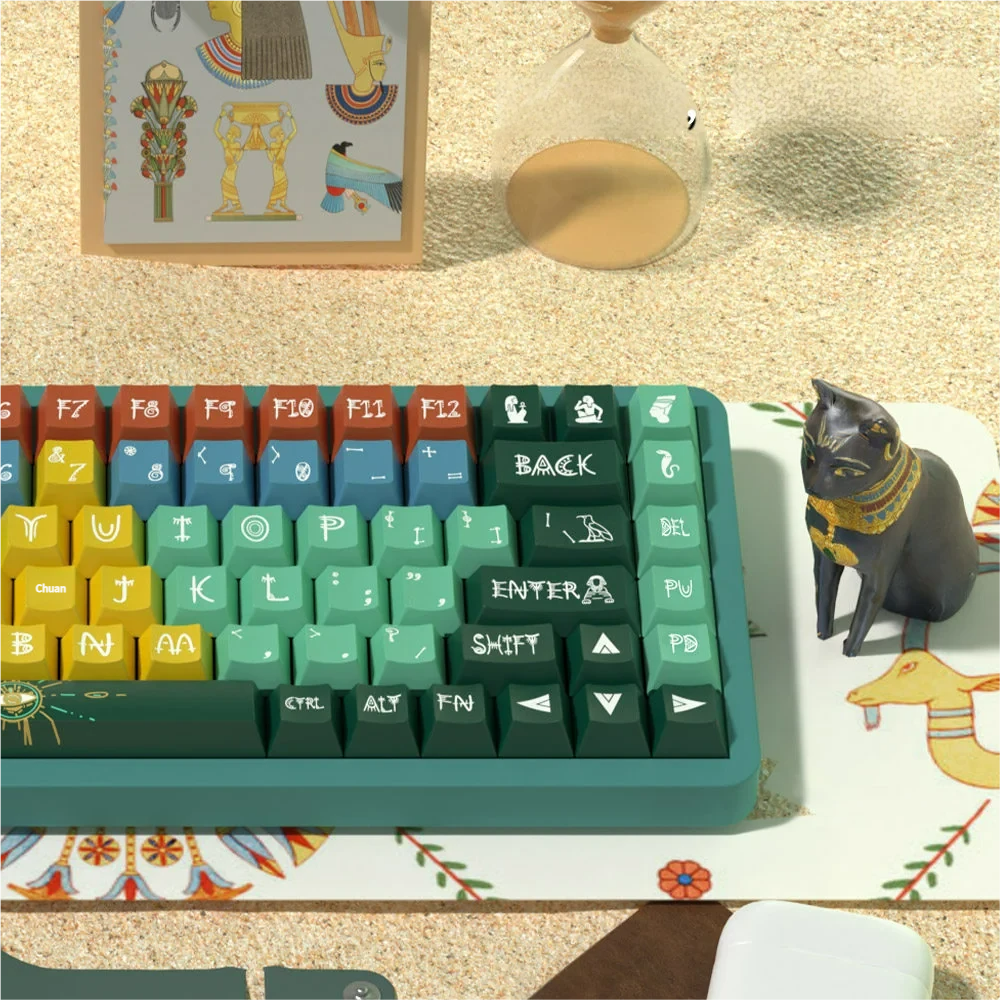 Premium Pyramid Pharaoh PBT keycaps set for mechanical keyboards. Displaying ancient Egyptian hieroglyphs and desert tones from multiple angles, highlighting dye-sub design.