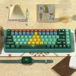 Premium Pyramid Pharaoh PBT Keycaps set for mechanical keyboards, showcasing intricate ancient Egyptian hieroglyphs and desert-inspired colors, evoking royality.