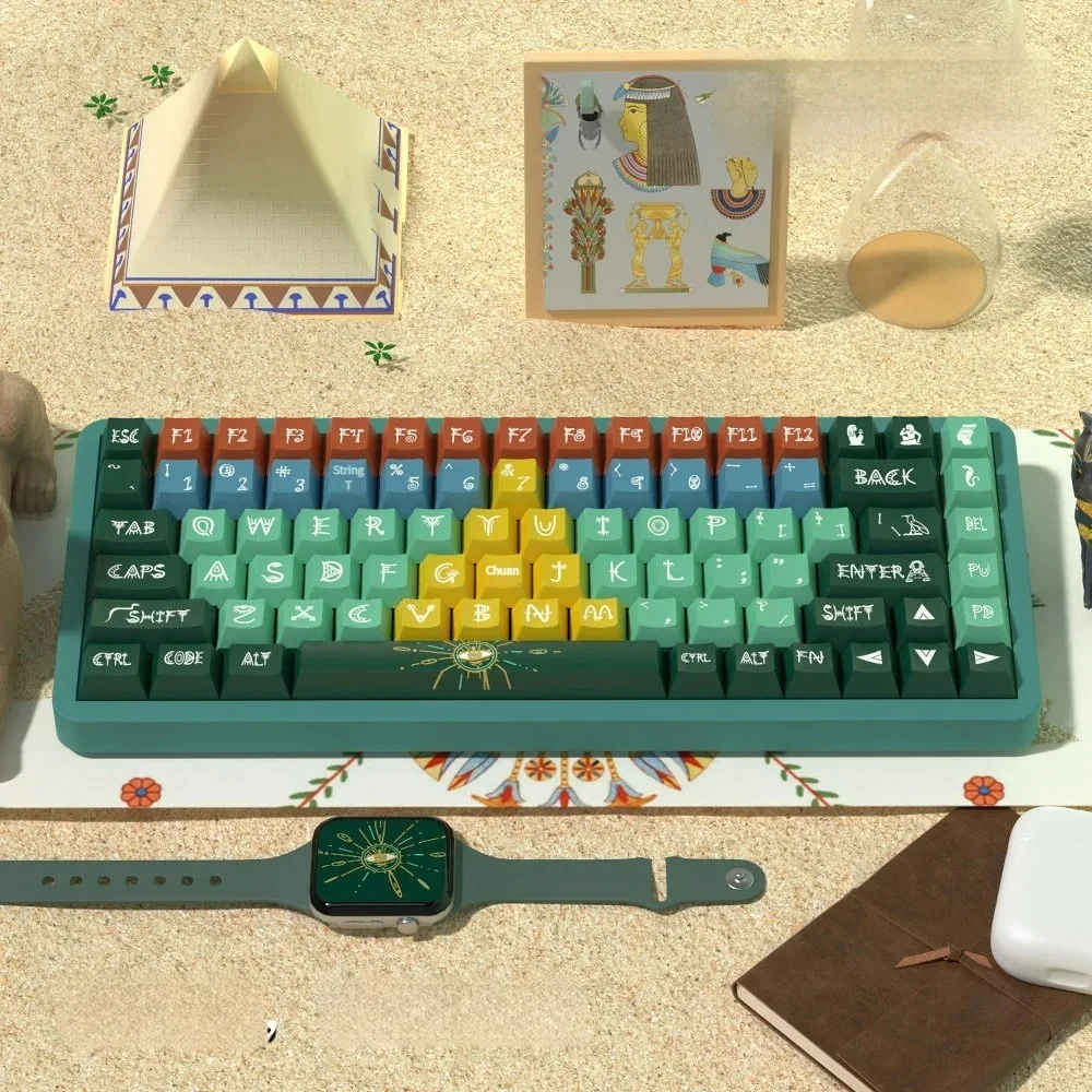 Premium Pyramid Pharaoh PBT Keycaps set for mechanical keyboards, showcasing intricate ancient Egyptian hieroglyphs and desert-inspired colors, evoking royality.