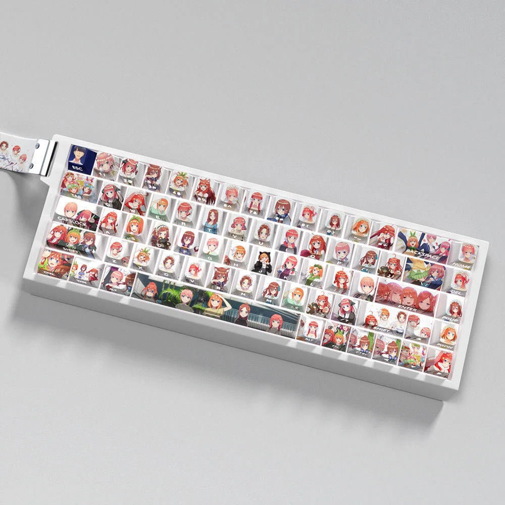 Vibrant The Quintessential Quintuplets PBT side-lit anime keycaps set, showcasing exclusive character art and dynamic legends perfect for RGB keyboard illumination.
