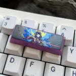 Regal titanium Raiden Shogun keycap for Genshin Impact, shown from various angles, highlighting its premium Electro Archon design and durable anodize design.
