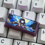 Premium titanium Raiden Shogun Cherry Enter keycap, showcasing ethereal metallic luster and intricate Genshin Impact design from multiple majestic angle.