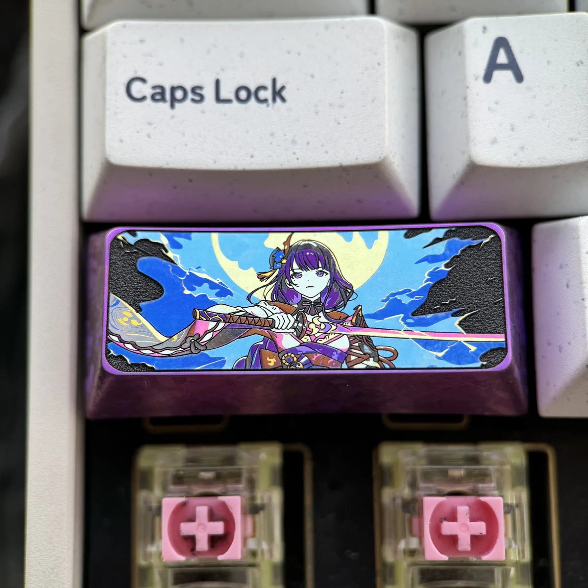 A majestic Raiden Shogun titanium keycap for an Cherry Enter key, showcasing intricate character art with a metallic luster, a premium Genshin Impact design.