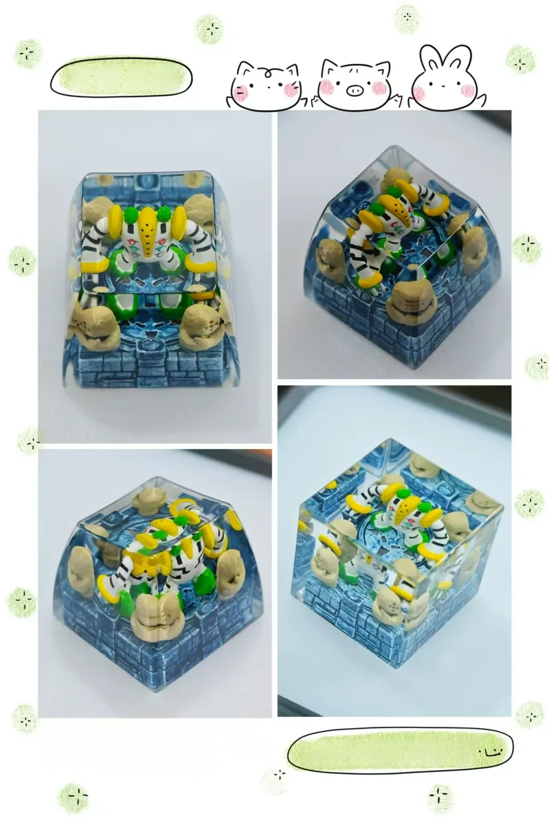 A close-up of the exclusive Regigigas artisan Pokemon keycap, showcasing its colossal power and intricate, handcrafted detail on a mechanical keyboard.