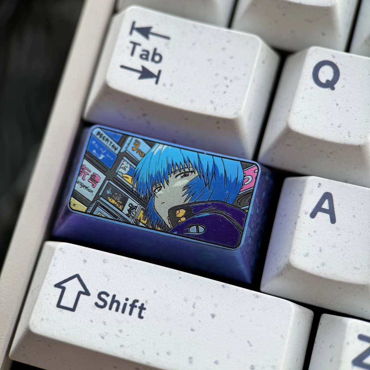 Rei Ayanami Titanium Artisan 1.75U Shift keycap. Gallery views highlight premium material, iconic art, sleek finish, craftsmanship.