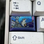 Premium Rei Ayanami titanium artisan keycap (1.75U Shift) iconic anime art, sleek metallic craftsmanship. A futuristic collectible.