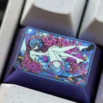 Close-up of the iconic Rei Ayanami titanium artisan keycap, featuring vibrant colors and a lustrous finish, highlighting its premium artistic design.
