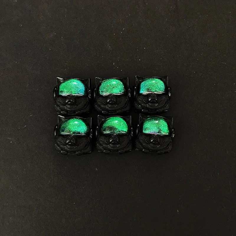 Whimsical handcrafted resin Space Dog keycap, capturing its dynamic iridescent color shift from a unique angle, perfect for ESC.