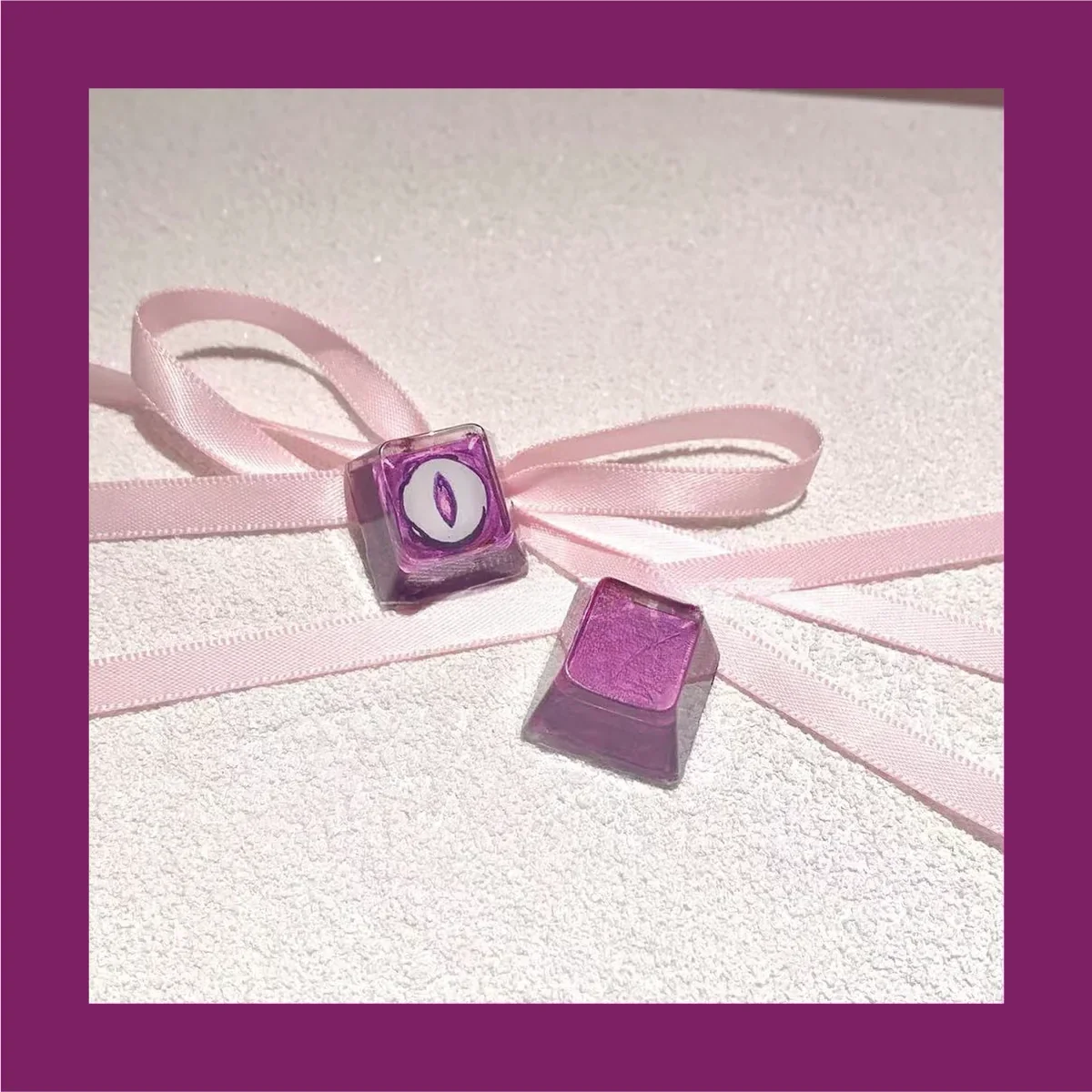 Valorant: Reyna Skill Artisan Keycaps. Intricate glowing fantasy character design from multiple angles, an exquisite desk centerpiece.