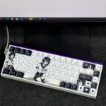 An artistic display of Reze Keycaps Set, highlighting the explosive Chainsaw Man Reze aesthetic with distinctive side-lit PBT legends from multiple angles.