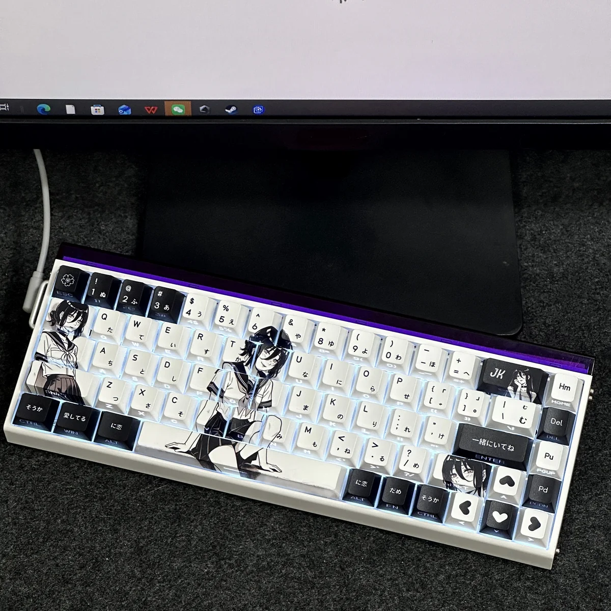 An artistic display of Reze Keycaps Set, highlighting the explosive Chainsaw Man Reze aesthetic with distinctive side-lit PBT legends from multiple angles.