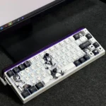 Captivating close-up of Reze Chainsaw Man side-lit PBT keycaps set, revealing the explosive design and uniquely illuminated legends from a distinct keyboard.