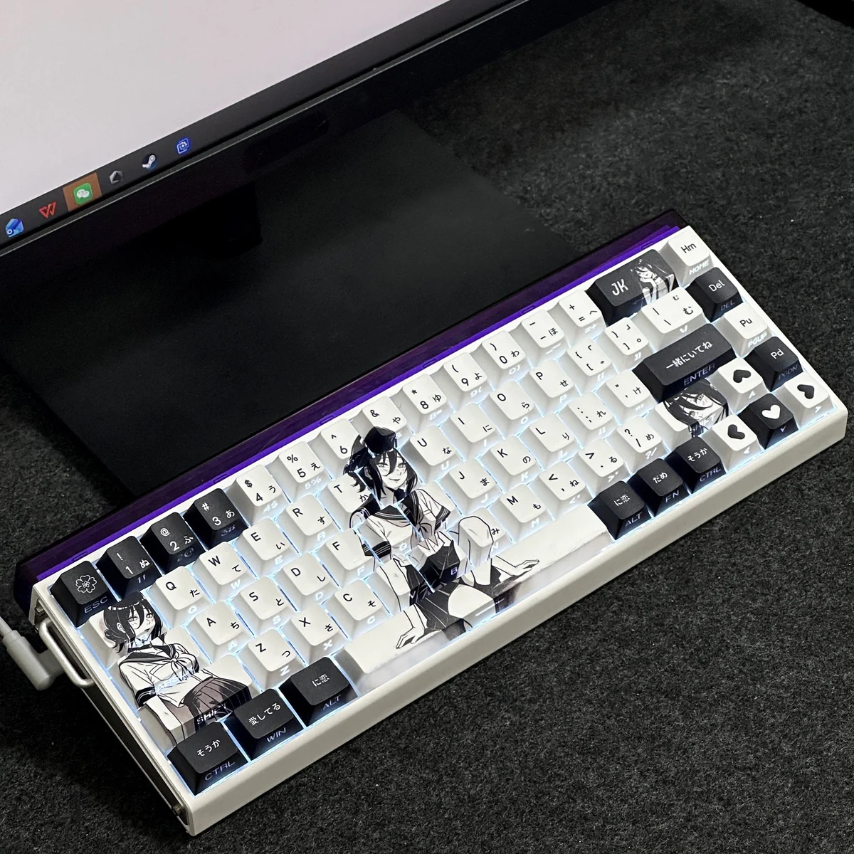 Captivating close-up of Reze Chainsaw Man side-lit PBT keycaps set, revealing the explosive design and uniquely illuminated legends from a distinct keyboard.