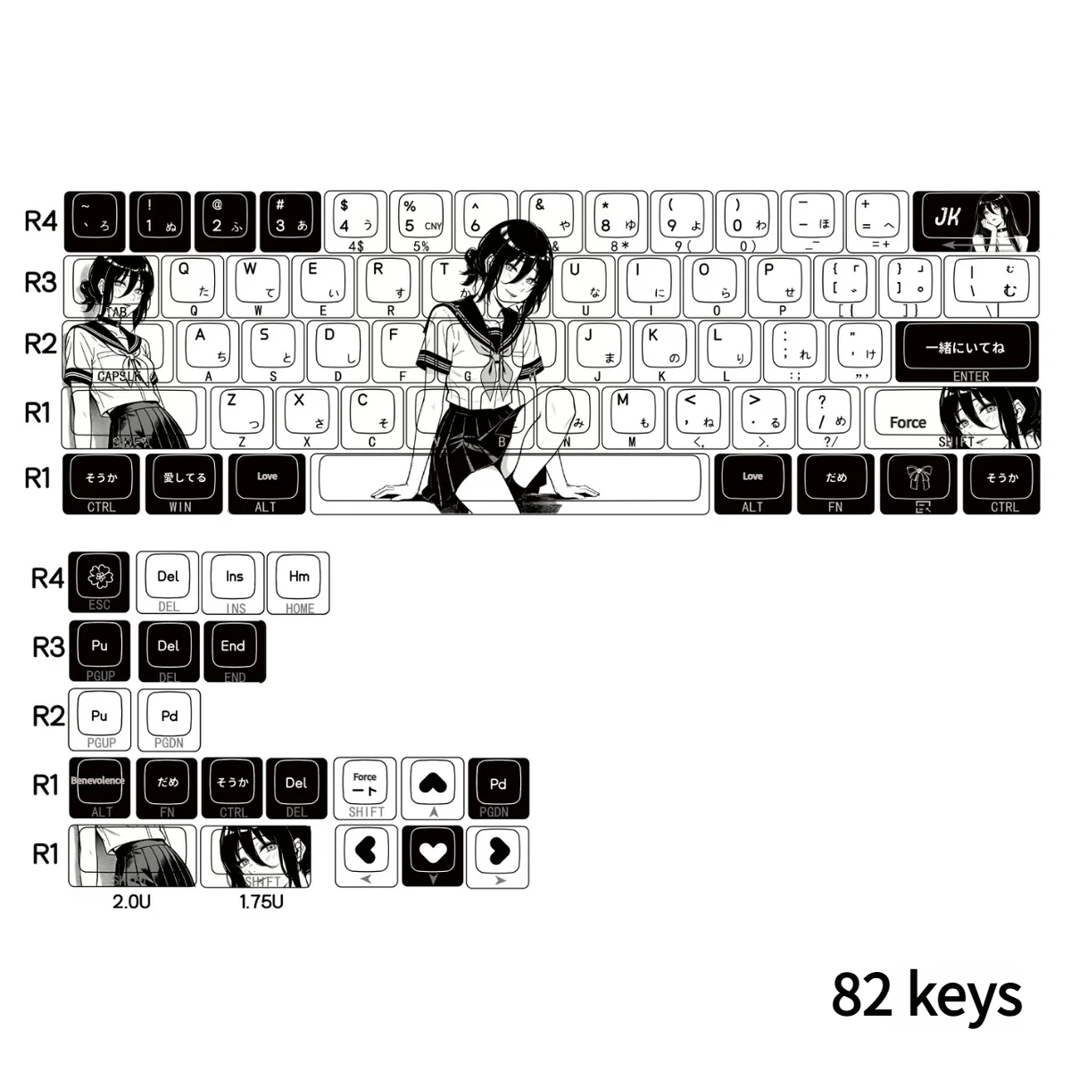 An angled view of the Reze Keycaps Set, emphasizing their Explosive Chainsaw Man aesthetic and the distinct glow of the side-lit PBT legends.