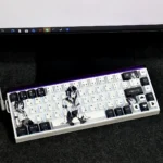 Artistic JK Reze PBT keycaps set for 63/64/66 layouts, showcasing an explosive Chainsaw Man aesthetic with unique side-lit legends.