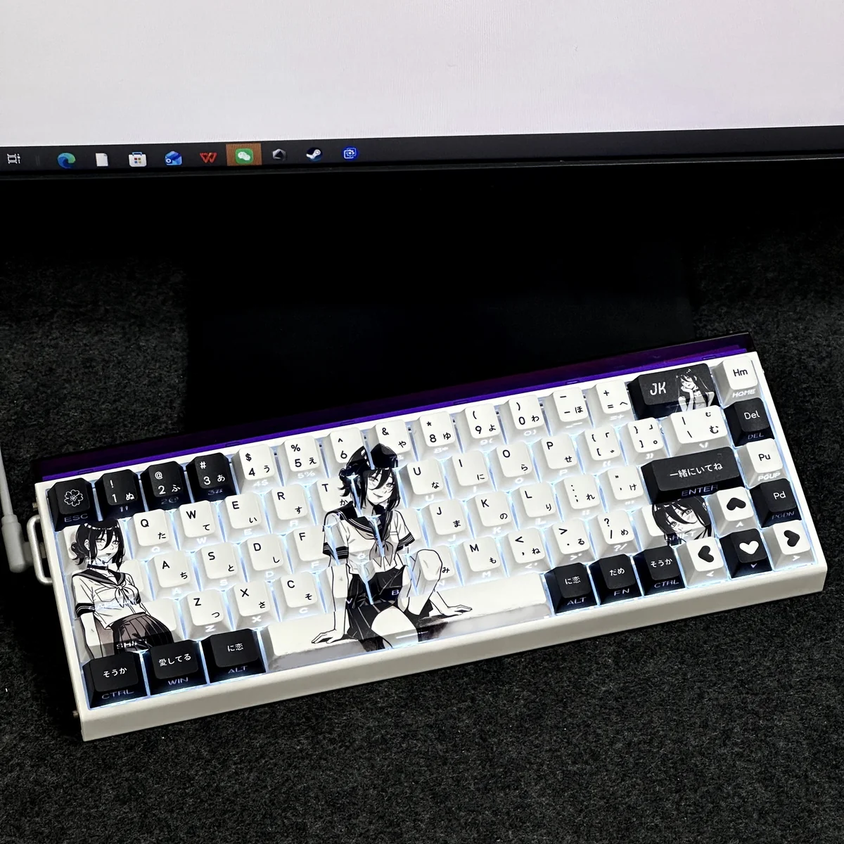 Explosive Reze Keycaps Set, a Chainsaw Man PBT set with striking side-lit legends, showcased artistically on a mechanical keyboard. High-quality and unique design.