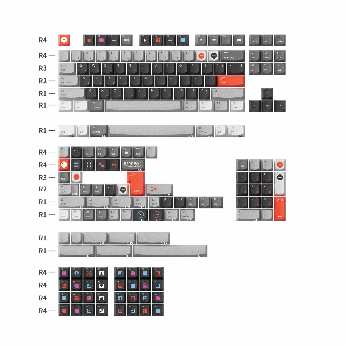 Smiling Rhythm PBT Keycaps Set with vibrant, crisp dye-sub abstract patterns and cheerful motifs. Durable PBT artistry highlights dynamic energy and playful elegant.