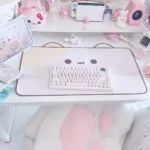 Charming Rilakkuma desk mat, an exclusive kawaii waterproof leather mat with Rilakkuma characters on a cozy pastel background.