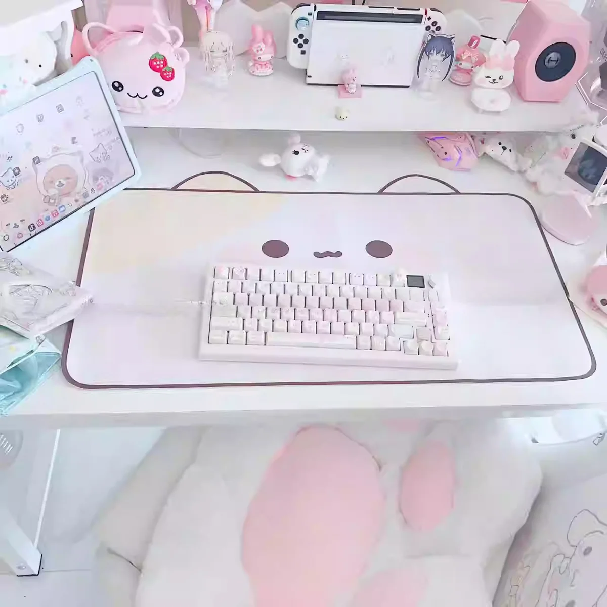 Charming Rilakkuma desk mat, an exclusive kawaii waterproof leather mat with Rilakkuma characters on a cozy pastel background.