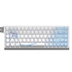 Vibrant Roxy Migurdia PBT side-lit keycaps set featuring detailed Mushoku Tensei anime art, photographed from a dynamic angle to emphasize their exclusive design.