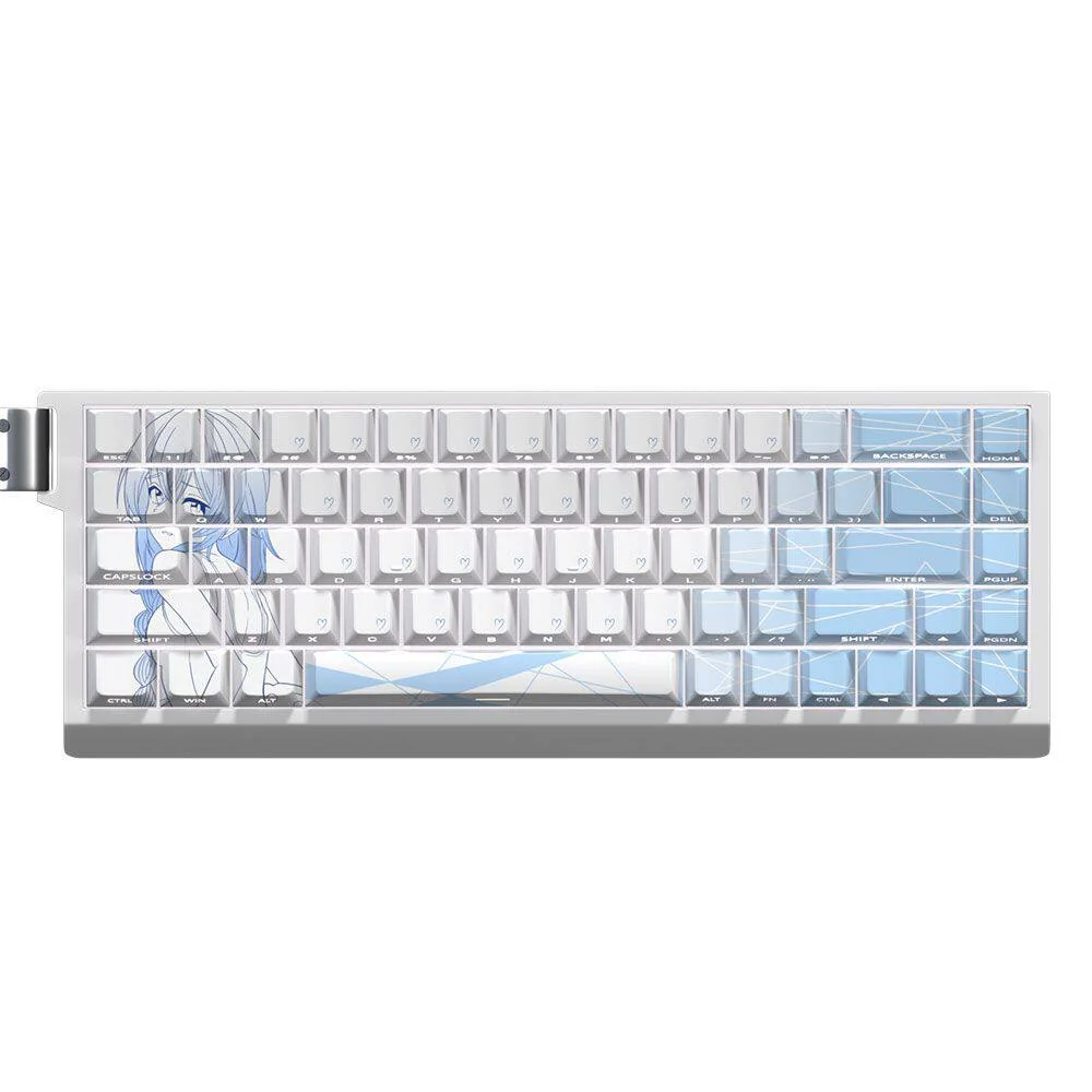 Vibrant Roxy Migurdia PBT side-lit keycaps set featuring detailed Mushoku Tensei anime art, photographed from a dynamic angle to emphasize their exclusive design.