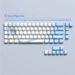 Close-up of exclusive Roxy Migurdia PBT side-lit keycaps set, highlighting the vibrant Mushoku Tensei anime art and elegant side-lit legends from an artistic design.