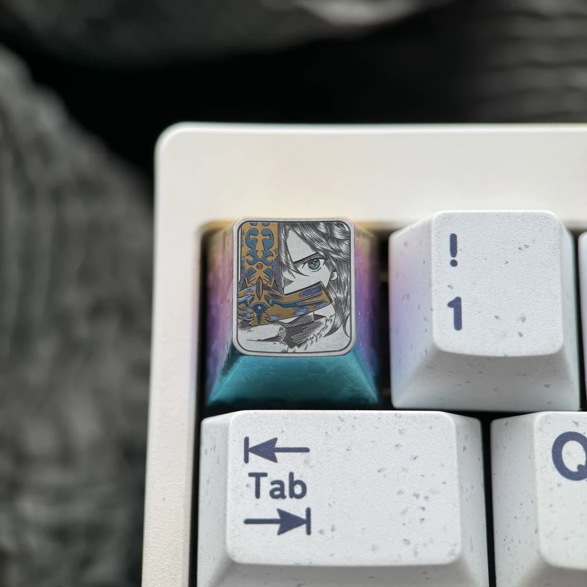Premium titanium Saber keycap, capturing its iconic anime art, vibrant iridescent ice crystal hues, and precise detailing from multiple angles for collectors.