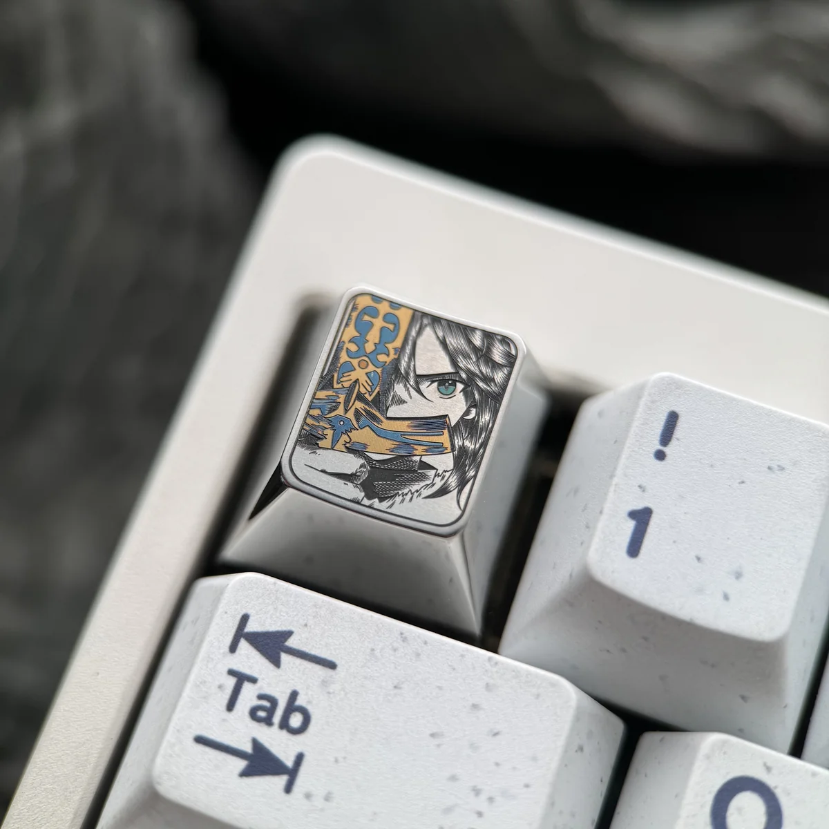 Saber Titanium Keycap gallery. Iconic anime art, premium titanium, dazzling iridescent ice crystal finish, precise detailing, multiple collector view.