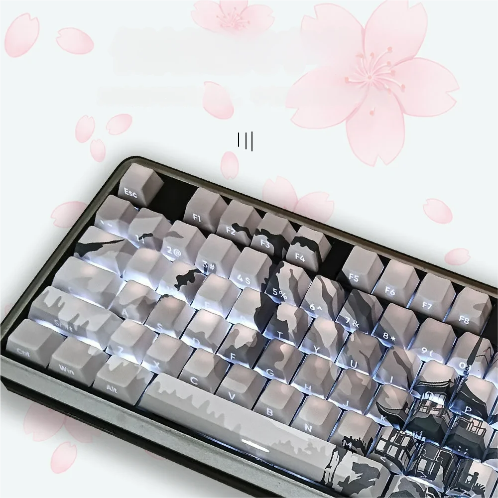 Premium Sakura Side-Lit PBT Keycaps set, showcasing delicate cherry blossoms and luminous legends from various appealing angles.