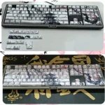 A collection of premium Sakura side-lit PBT keycaps set, showcasing delicate cherry blossom designs and luminous legends from various keyboard angles.