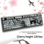 Premium Sakura PBT keycaps set, beautifully illuminated with subtle side-lit legends and delicate cherry blossoms on a pristine white background.