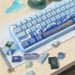 Detailed view of artistic Tranquil Lakes & Mountains PBT dye-sub keycaps set, highlighting the serene Chinese landscape art from different angles.