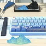 Tranquil Lakes & Mountains Scenic PBT Keycaps Set, showcasing artistic dye-sub Chinese landscape art. Angles reveal serene lakes and majestic mountain design.
