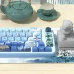 Detailed views of artistic Lakes & Mountains Scenic PBT dye-sub keycaps set, revealing the serene Chinese landscape art with tranquil lakes and majestic art.