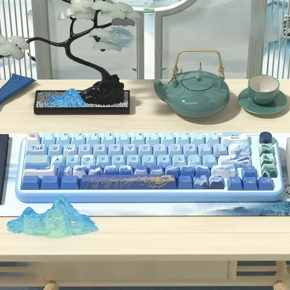 Artistic Lakes & Mountains Scenic PBT Keycaps Set display serene Chinese landscapes, tranquil lakes, and majestic mountains.
