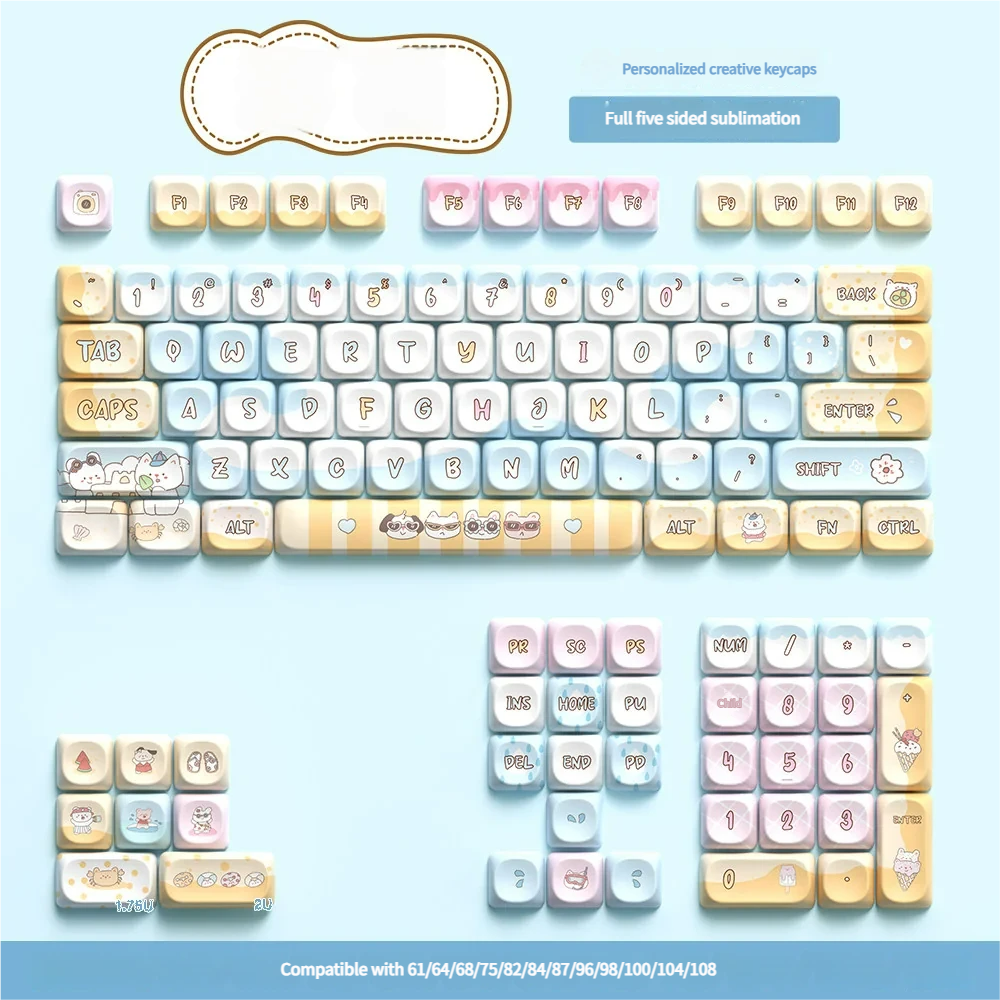 Cute Seaside PBT Keycaps Set in multiple angles. Original five-side dye-sublimation shows playful ocean blues, sandy tones, and summer motifs.