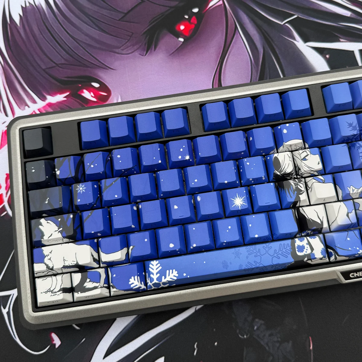 Snow Wolf side-lit PBT keycaps set. Detailed views show side-engraved backlit legends, premium PBT, and universal compatibility.