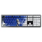 Snow Wolf side-lit PBT keycaps set gallery. Arctic elegance, crisp side-engraved backlit legends, and premium PBT texture showcased from various angle.