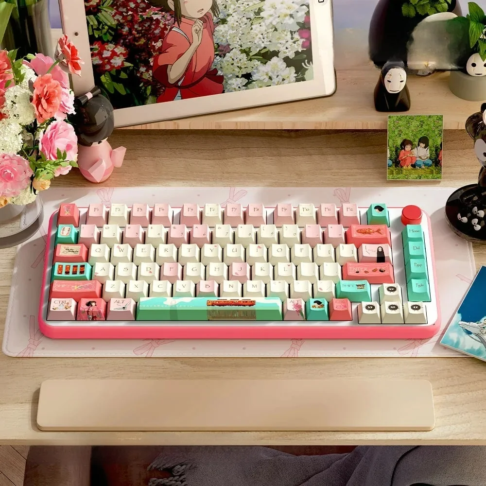 Immersive Spirited Away PBT keycaps set featuring whimsical Ghibli characters and enchanting bathhouse scenes, bringing Ghibli magic to your keyboard.