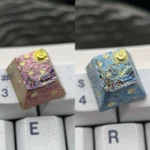 Van Gogh Starry Night titanium ESC keycap, showcasing the iconic painting with swirling cosmic blues and yellows, a premium art piece for mechanical keyboard.