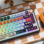 Product gallery of the Starting Line PBT Keycap Set, highlighting its unique four-sided side-lit design from various angles, showcasing vibrant, dynamic design.