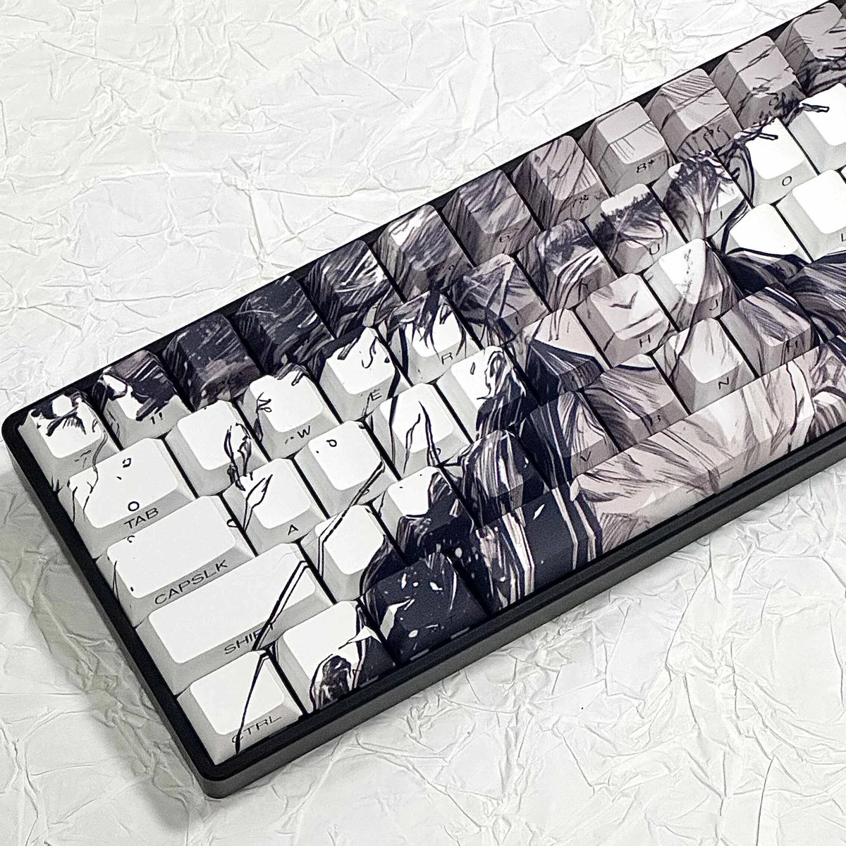 Gallery of the iconic Straw Hat Keycap Set, featuring its playful, side-engraved anime character and glowing backlit PBT from various angles.