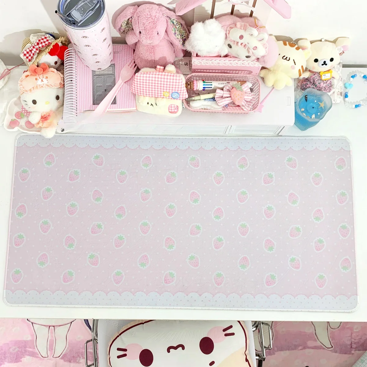 Charming Strawberry Desk Mat displays vibrant sweet strawberry design. Playful desk accessory offers dual material options, enhancing workspace.