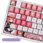 Close-up views of vibrant Bocchi the Rock Hitori Gotoh PBT dye-sub keycaps set, highlighting durable construction and crisp anime art.