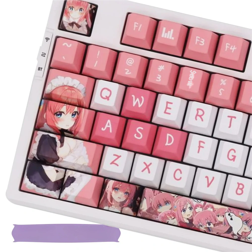 Close-up views of vibrant Bocchi the Rock Hitori Gotoh PBT dye-sub keycaps set, highlighting durable construction and crisp anime art.