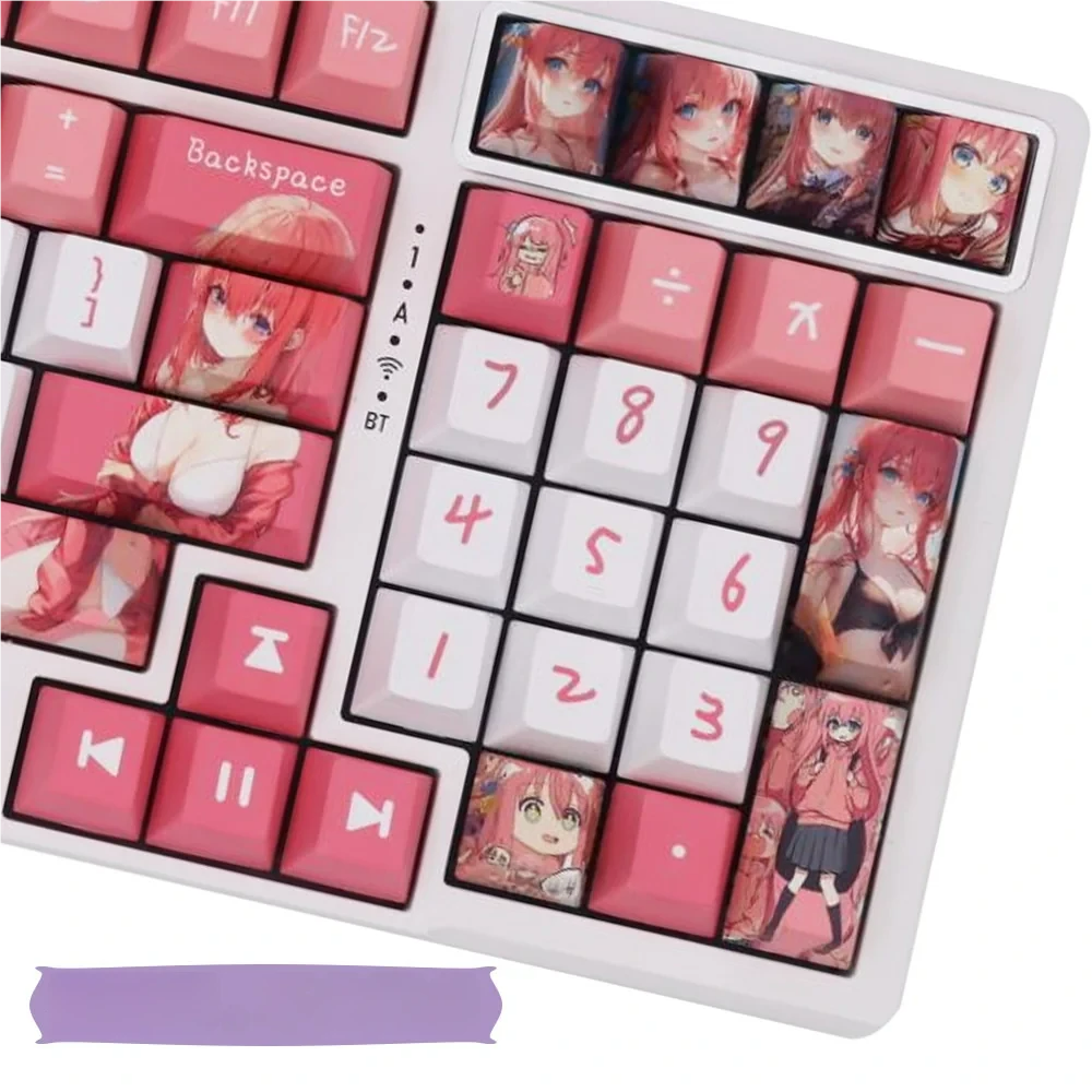 Playful Bocchi the Rock Hitori Gotoh PBT dye-sub keycaps set displayed from various angles, highlighting vibrant anime art and crisp details for fans.