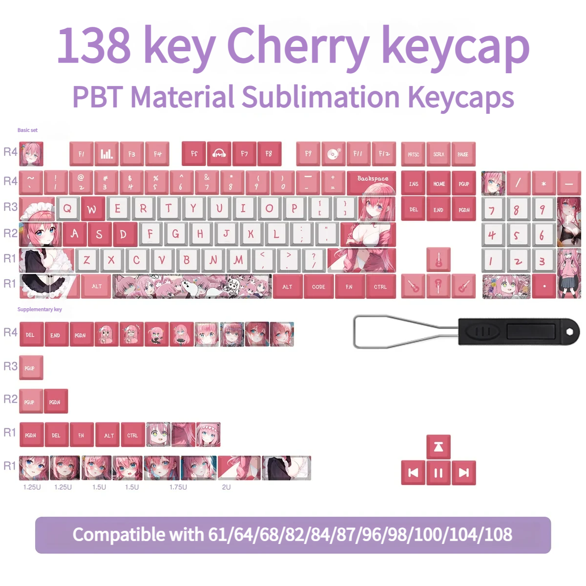 Close-up gallery views of vibrant Bocchi the Rock Hitori Gotoh PBT dye-sub keycaps set, showcasing durable PBT and crisp anime art from various angles.